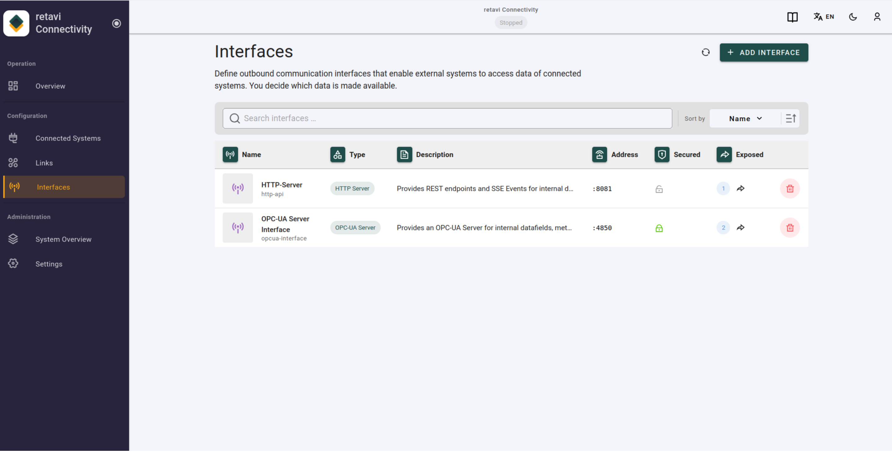 Auswahl des Zielprotokolls im Connectivity Node